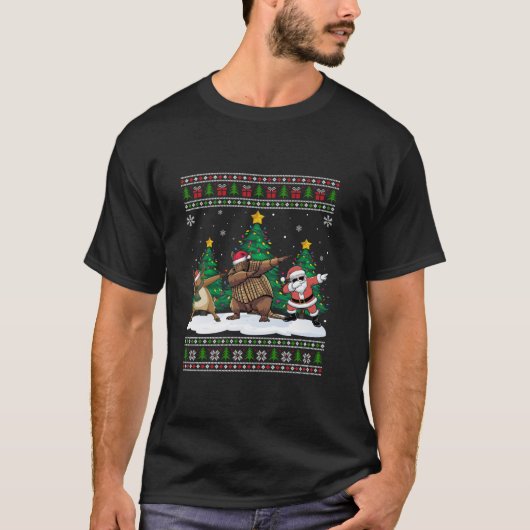 Dabbing Santa Reindeer Armadillo Tree Lights Ugly T-Shirt (Vorderseite)