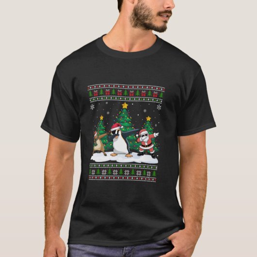 Dabbing Santa Reindeer Penguin Tree Lights Ugly Xm T-Shirt (Vorderseite)