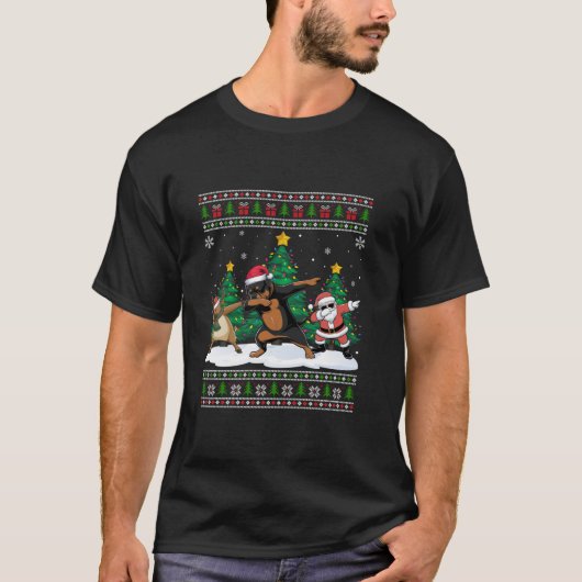 Dabbing Santa Reindeer Rottweiler Hunde Tree Light T-Shirt (Vorderseite)