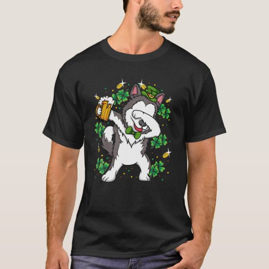 Dabbing Siberischer Husky Leprechaun Hund St Patri T-Shirt (Vorderseite)