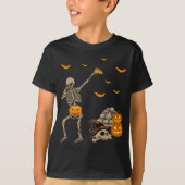 Dabbing Skeleton Eating Pizza Beängstigend Pumpkin T-Shirt (Vorderseite)