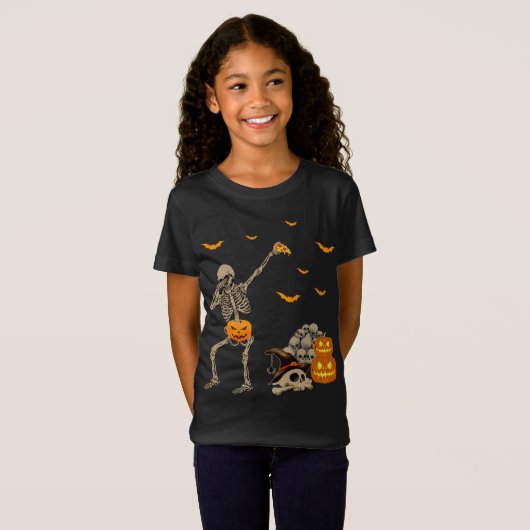 Dabbing Skeleton Eating Pizza Beängstigend Pumpkin T-Shirt (Vorne ganz)