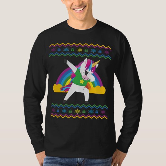 Dabbing Unicorn Rainbow Ugly Christmas Sweater T-Shirt (Vorderseite)
