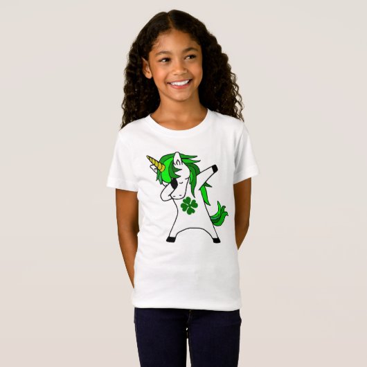 Dabbing Unicorn St. Patricks Day Green Kleeblatt T-Shirt (Vorne ganz)