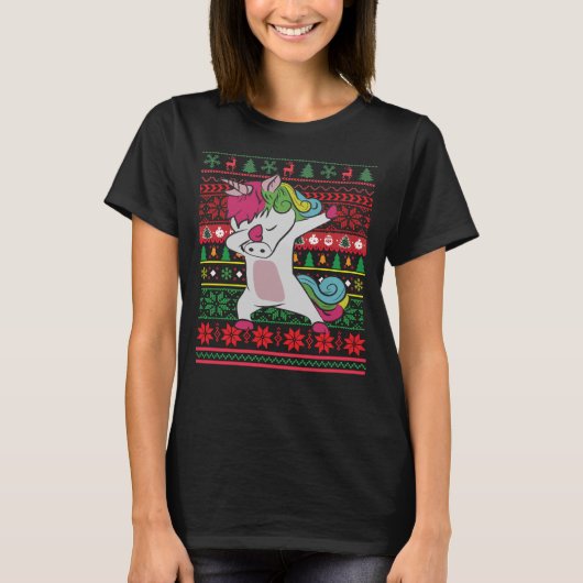 Dabbing Unicorn Ugly Weihnachten T-Shirt (Vorderseite)