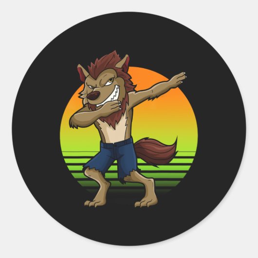 Dabbing Werewolf Retro Sunset Halloween Jungs Kind Runder Aufkleber (Vorderseite)