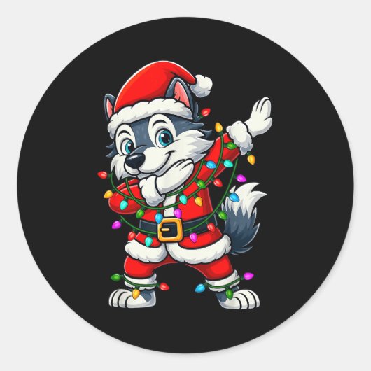 Dabbing Wolf Lights Santa Xmas Girls Boys Kids Chr Runder Aufkleber (Vorderseite)