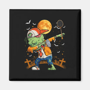 Dabbing Zombie Playing Badminton Halloween Badmint Magnet