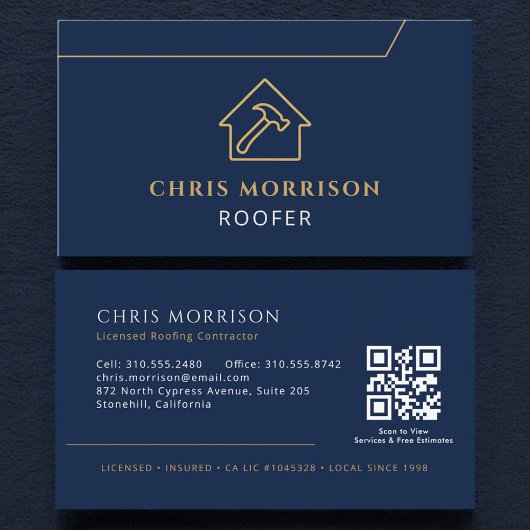 Dachdecker-QR-Code-Dachdeckerfirma Navy Blau Gold Visitenkarte