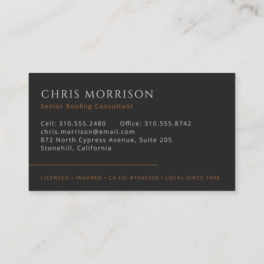 Dachdeckerbau Modernes Schwarzkupfer Visitenkarte (Rückseite)