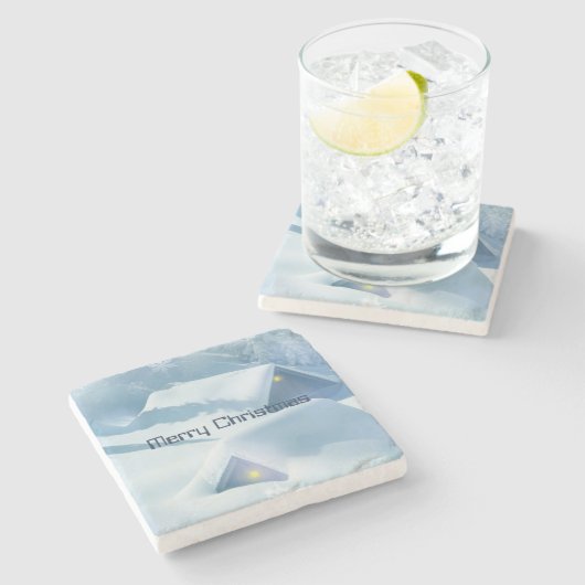 Dächer mit glänzender Schneedecke Steinuntersetzer (Seitenansicht)