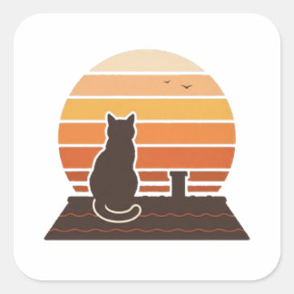 Dachkatze Retro Sonnenuntergang Silhouette Aufkleb Quadratischer Aufkleber