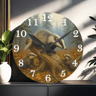Dachsfamilie in nebligen Wäldern Runde Wanduhr