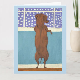 Dachshund am Fenster beim Schneebeobachten Karte