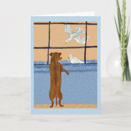 Dachshund am Fenster beobachtet weiße Tauben Feiertagskarte