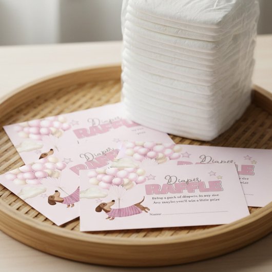 Dachshund and Balloons Pink Diaper Raffle Begleitkarte