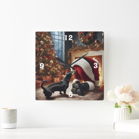 Dachshund and Santa Quadratische Wanduhr (Zuhause)