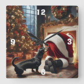 Dachshund and Santa Quadratische Wanduhr (Vorderseite)