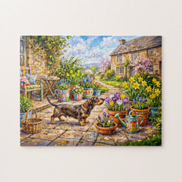 Dachshund beim Spaziergang durch einen farbenfrohe Puzzle