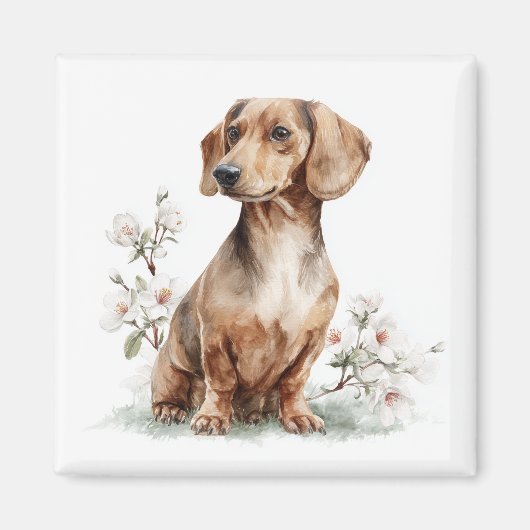 Dachshund-Blumen-Aquarell-Kunst Magnet (Vorne)