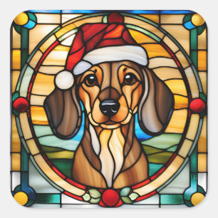 Dachshund-Buntglas-Weihnachtsaufkleber Quadratischer Aufkleber