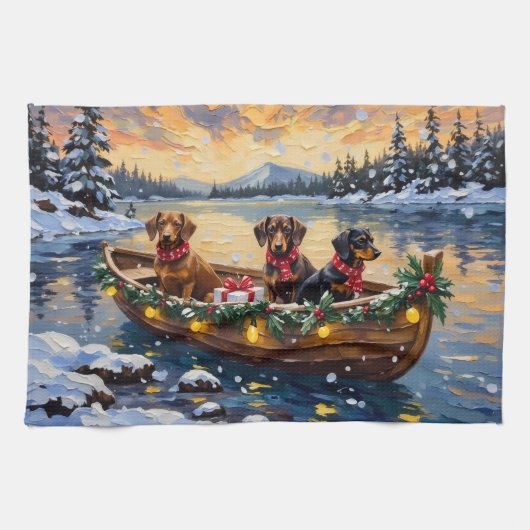 Dachshund Christmas Boat Holiday Geschirrtuch (Horizontal)