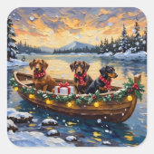 Dachshund Christmas Boat Holiday Quadratischer Aufkleber (Vorderseite)