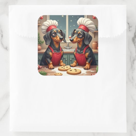 Dachshund Christmas Cookie Bakers Holiday Painting Quadratischer Aufkleber (Tasche)