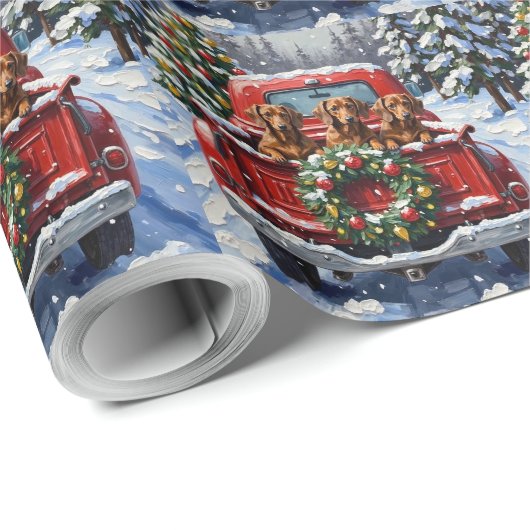 Dachshund Christmas Red Truck Holiday Geschenkpapier (Rolleneckpunkt)