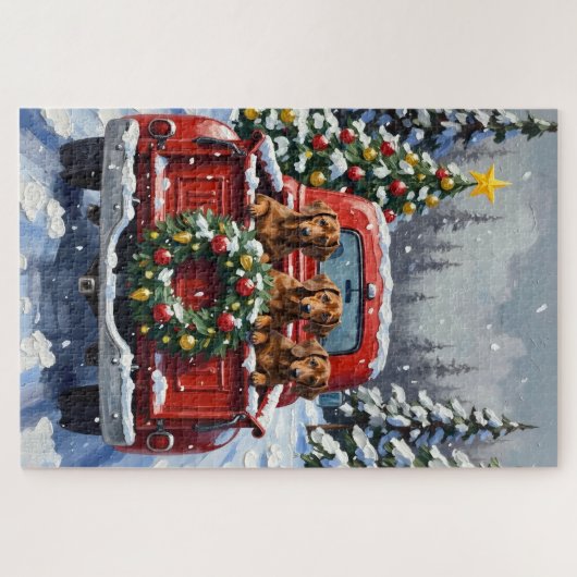 Dachshund Christmas Red Truck Holiday Puzzle (Horizontal)