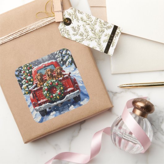 Dachshund Christmas Red Truck Holiday Quadratischer Aufkleber (Schenken)