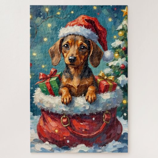 Dachshund Christmas Santa Bag Adventure Puzzle (Vertikal)