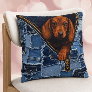 Dachshund & Denim Liebhaber Faux Patchwork Kissen