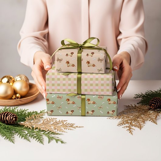 Dachshund Dog Christmas Checkerboard Sweater Bow Geschenkpapier Set