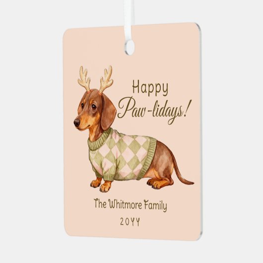 Dachshund Dog Christmas Checkered Sweater Photo Ornament Aus Metall (Vorderseite links)