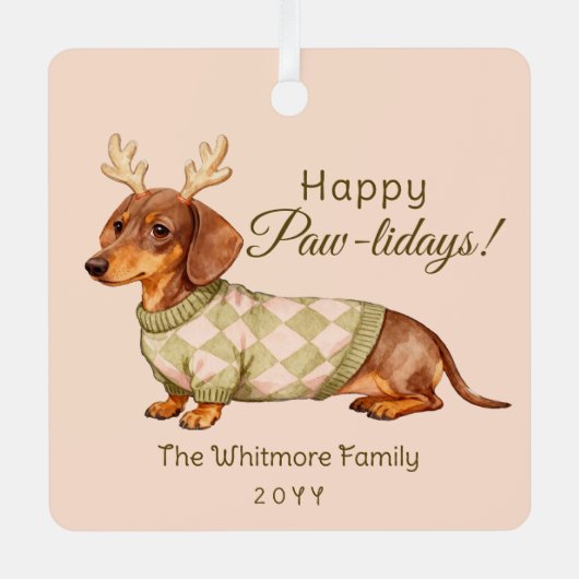 Dachshund Dog Christmas Checkered Sweater Photo Ornament Aus Metall (Vorderseite)