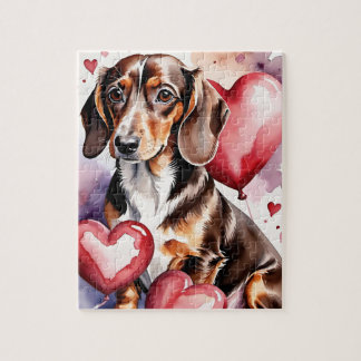 Dachshund Dog Pet Portrait Watercolor Valentine Puzzle