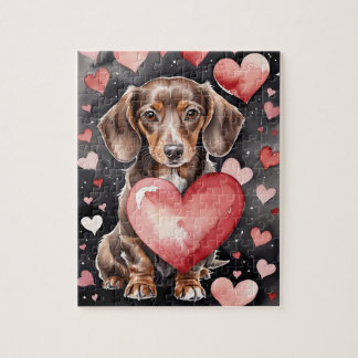 Dachshund Dog Pet Portrait Watercolor Valentine Puzzle