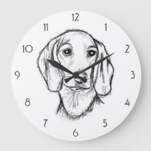Dachshund Drawn Sketch Black Puppy Dog Große Wanduhr