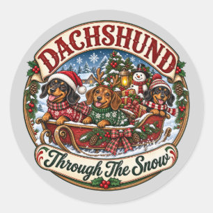 Dachshund durch den Schnee Süßer Weihnachtsschlitt Runder Aufkleber