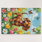 Dachshund Frühlingsblumen Süßer Hund Puzzle (Horizontal)