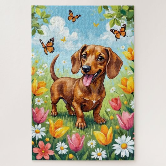 Dachshund Frühlingsblumen Süßer Hund Puzzle (Vertikal)