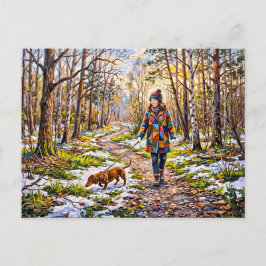 Dachshund geht auf einem sonnigen, schneebedeckten postkarte