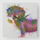 Dachshund & Glasses Rainbow Splash Quadratische Wanduhr (Vorderseite)