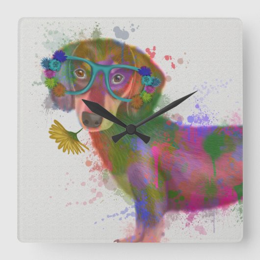 Dachshund & Glasses Rainbow Splash Quadratische Wanduhr (Vorderseite)