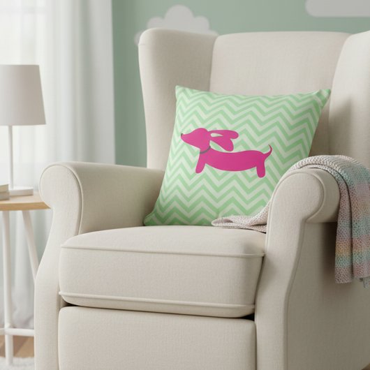 Dachshund + Grüner Chevron Kissen