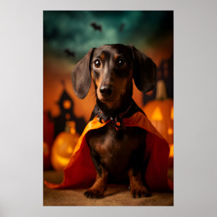 Dachshund Halloween Druck, Hund in Kürbiskostüm Poster