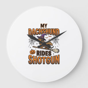 Dachshund Halloween Hexen Besen fährt Shotgun-Shir Große Wanduhr