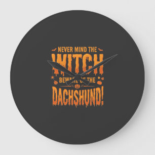 Dachshund Halloween Hexenwarnung Typografie Vecto Große Wanduhr