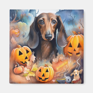 Dachshund Halloween mit Kürbissen Gruselig Magnet